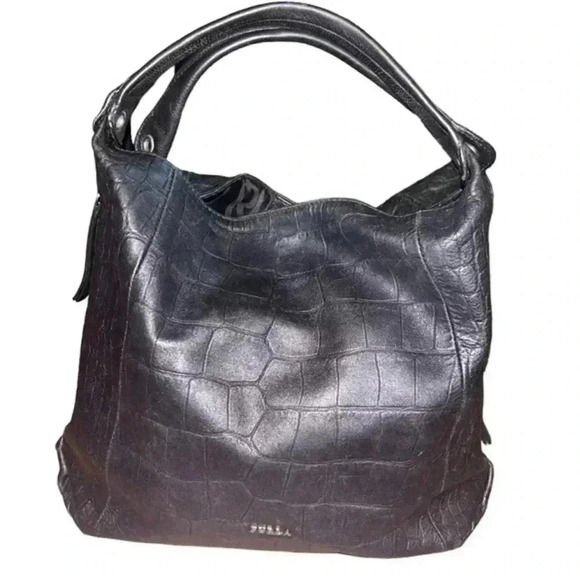 Furla Black Leather Croc‎ Embossed Shoulder Bag Purse - Picture 2 of 16